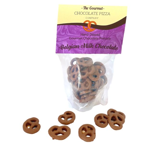 Milk chocolate pretzels in a pouch bag