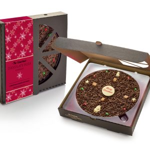 10" chocolate pizza in open box with closed box next to it with decorative strap