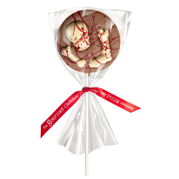 milk chocolate lollipop with white chocolate skull and bones, splashed with red for effect.