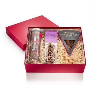 chocolate gift hamper with lid open showing contents